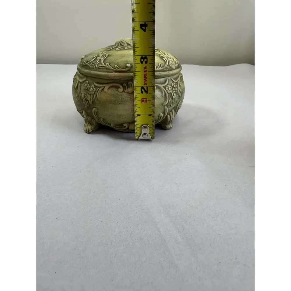Vintage Art Nouveau Style Ceramic Jewelry Casket Green Patina Finish Marked GB